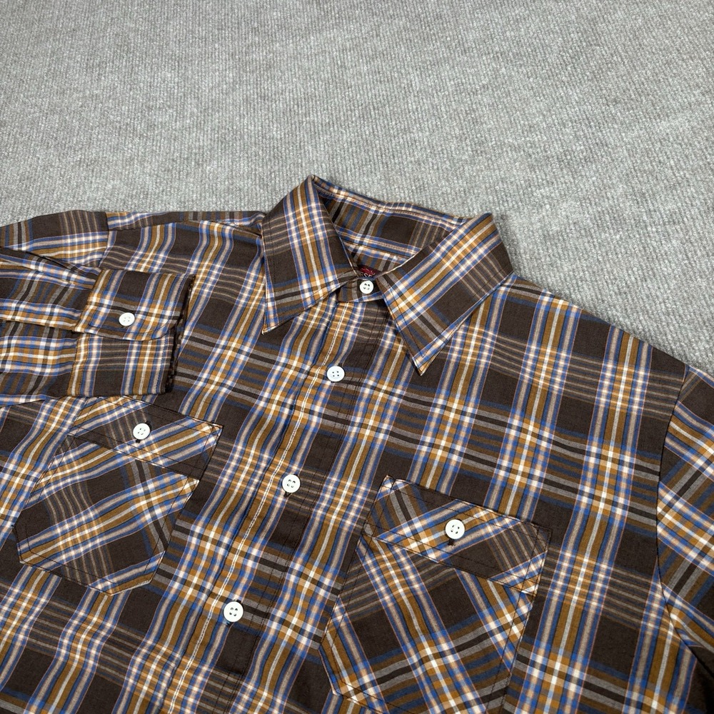 Vintage Kingsport Shirt Mens M Brown Plaid Long Sleeve Button Up Pockets 70s 80s